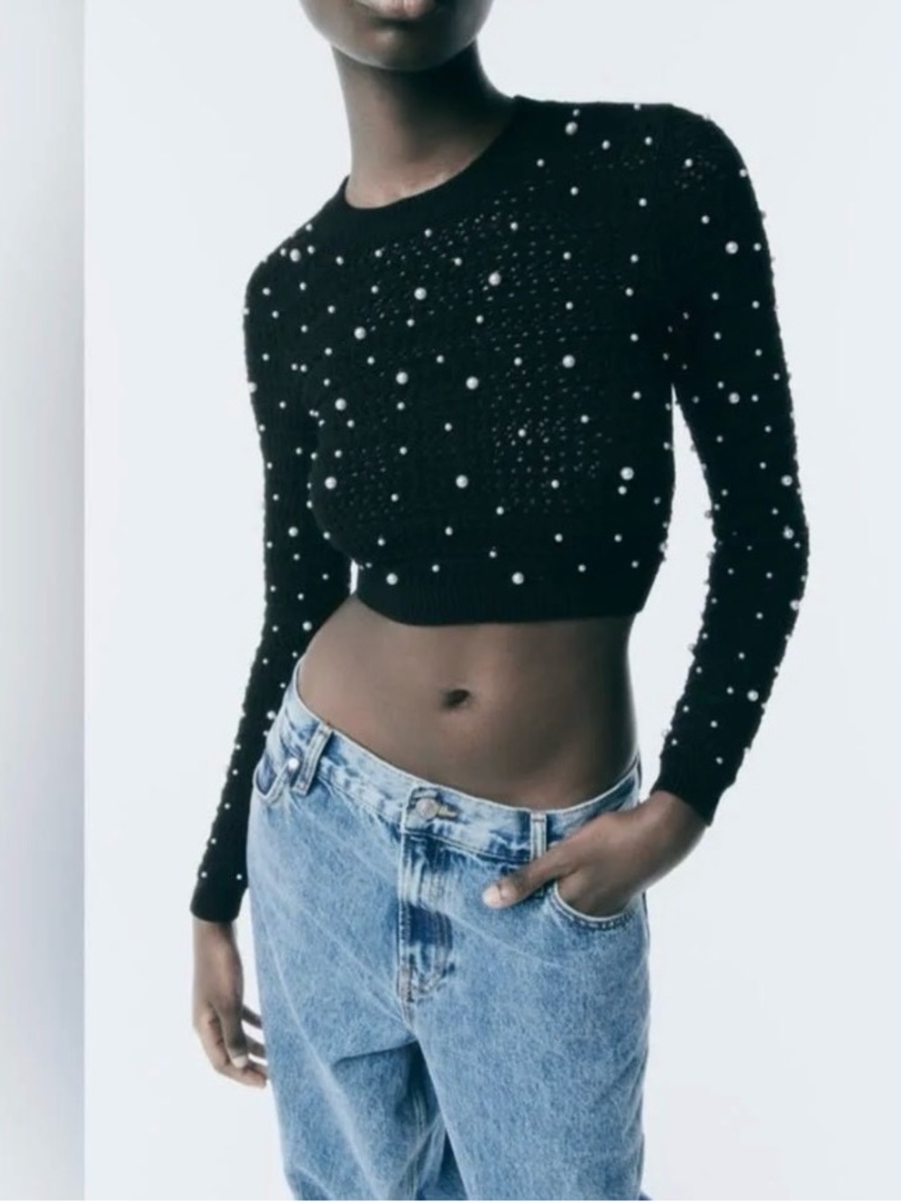 Zara Black Pearl-Embellished Cropped Sweater Top